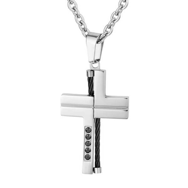 Men's Two-Tone Black CZ Braided Wire Cross Pendant Necklace, Stainless Steel, 24"