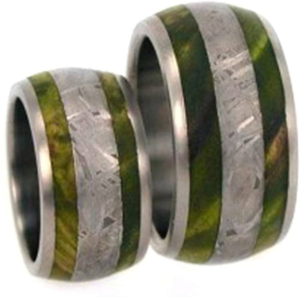 Gibeon Meteorite, Green Box Elder Burl Wood Comfort-Fit Titanium His and Hers Wedding Ring Set, M14-F6