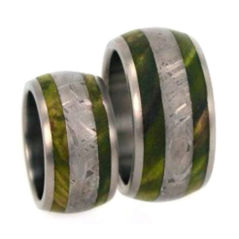 Gibeon Meteorite, Green Box Elder Burl Wood Comfort-Fit Titanium His and Hers Wedding Ring Set, M10-F4