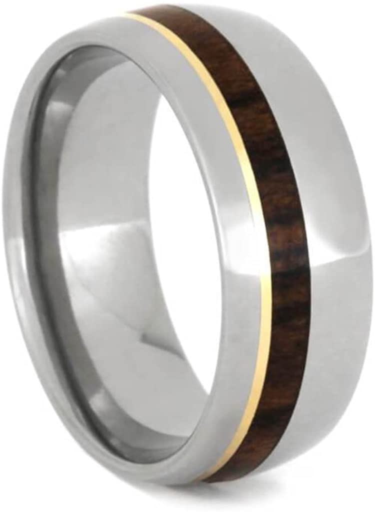 10k Yellow Gold Forever One Solitaire Maple Burl Ring, Titanium Ironwood Comfort-Fit Band, Couples Rings Size, M13-F6