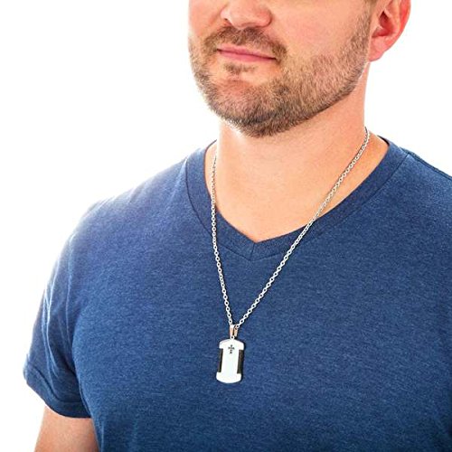 Men's Braided Wire and Black CZ Cross Dog Tag Pendant Necklace, Stainless Steel, 24"
