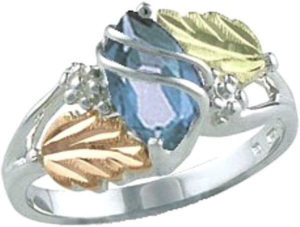 Marquise Created Aquamarine March Birthstone Ring, Sterling Silver, 12k Green and Rose Gold Black Hills Gold Motif