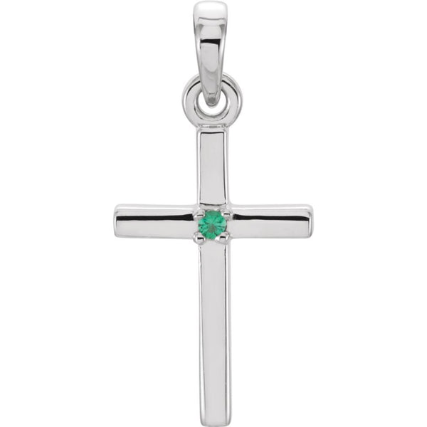 Emerald Inset Cross Rhodium-Plated 14k White Gold Pendant (19.2x9MM)
