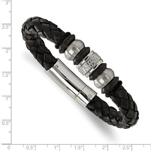 Men's Brushed Stainless Steel Black Leather Black IP-Plated Black Rubber Bracelet, 8.5"