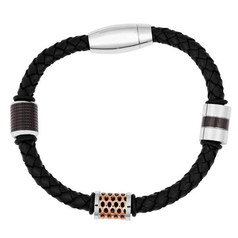 Men's Braided Leather with Rose Ion Plated Bracelet, Stainless Steel, 8.5"