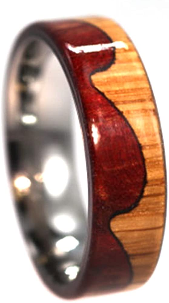 Two Tone Wood Design, Oak, Redwood 7.5mm Comfort Fit Titanium Wave Ring, Size 8.25