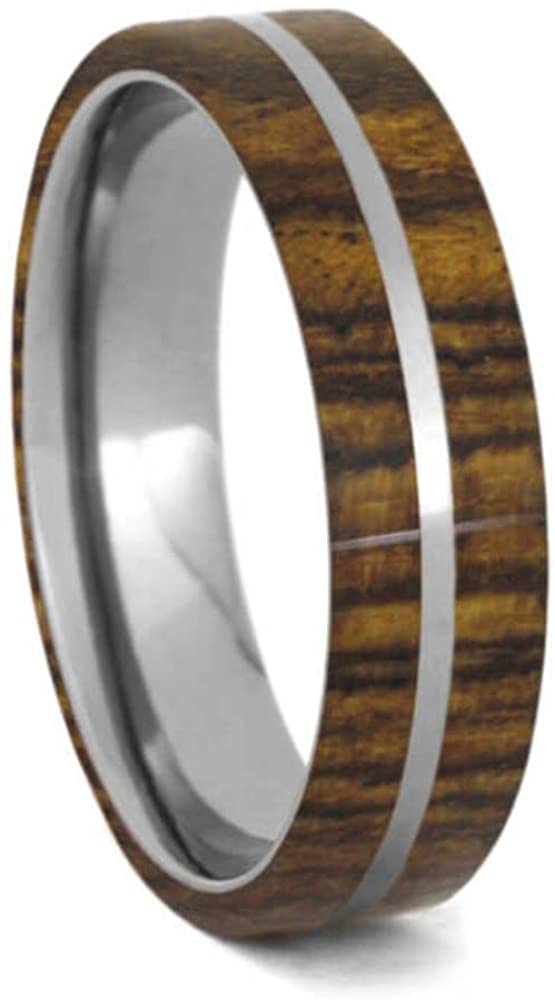 Bocote Wood Inlay 6mm Comfort-Fit Brushed Titanium Wedding Band, Size 6.25