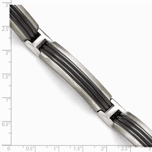 Men's Brushed Titanium, Sterling Silver, Black Titanium Striped Link Bracelet, 8 Inches