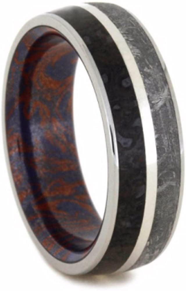 Gibeon Meteorite, Dinosaur Bone, Blue Bronze and Red Copper Mokume 7mm Comfort-Fit Titanium Wedding Band, Size 9.25