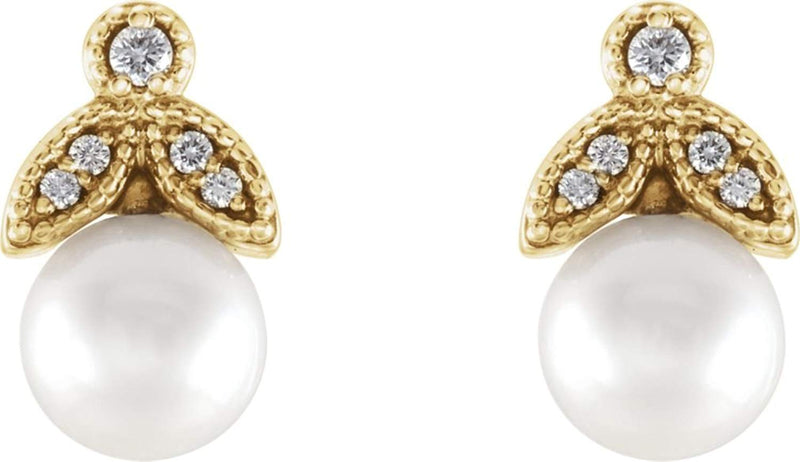 White Freshwater Cultured Pearl and Diamond Earrings, 14k Yellow Gold (6-6.5MM) (.07 Ctw, GH Color, I1 Clarity)
