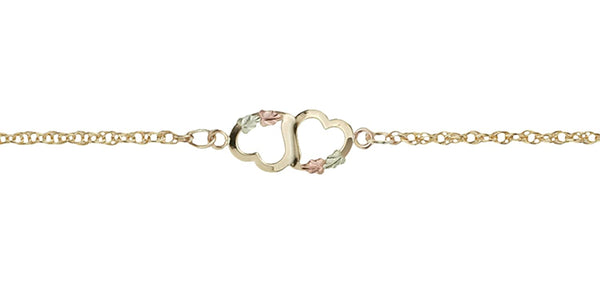 Two Hearts Ankle Bracelet 10k Yellow Gold, 12k Green and Rose Gold Black Hills Gold Motif, 10.25"