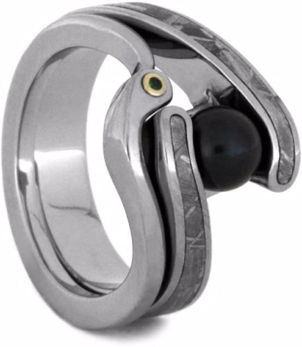 Black Akoya Pearl, Gibeon Meteorite Engagement Ring, Tsavorite Garnet Titanium Band, Bridal Set Size 10
