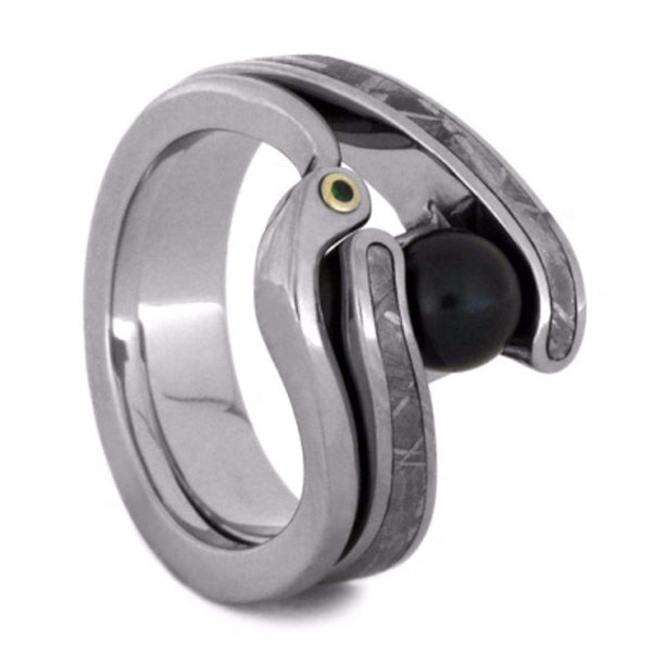 Black Akoya Cultured Pearl, Gibeon Meteorite Engagement Ring, Tsavorite Garnet Titanium Band, Bridal Set