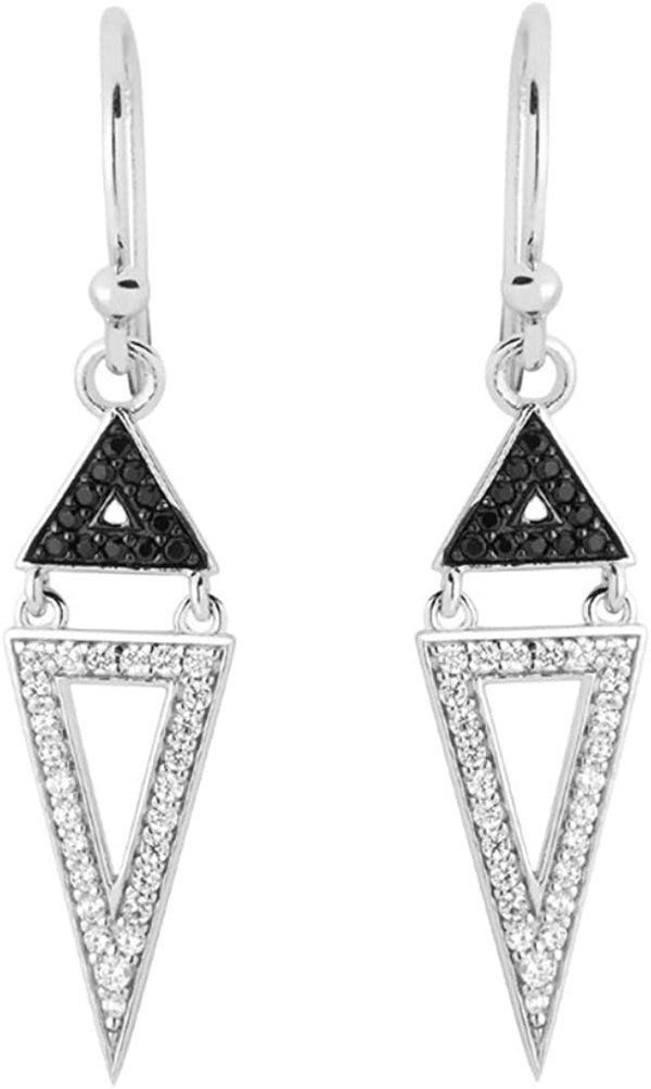 Black and White CZ Triangle Drop Rhodium Plated Sterling Silver Earrings