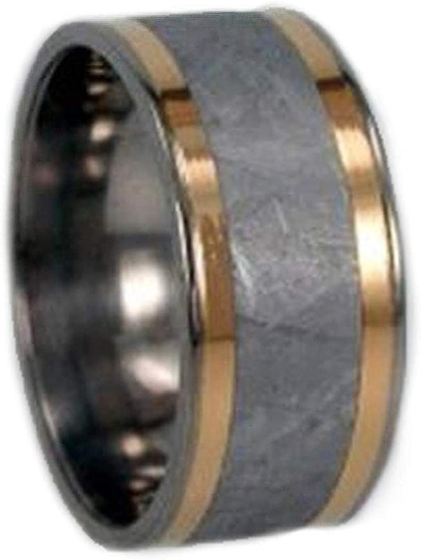 Men's Titanium, Gibeon Meteorite, 18k Yellow Gold 10mm Comfort-Fit Band, Handmade, Size 10.5