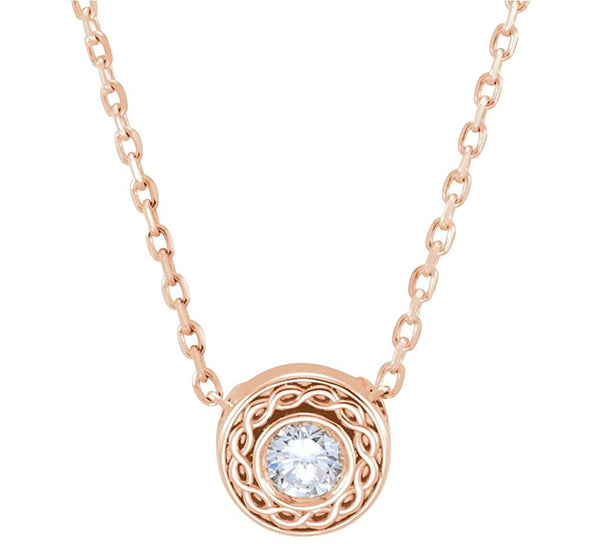 Diamond Solitaire Inifinity Trim 14k Rose Gold Pendant Necklace, 16" (.10 Cttw)