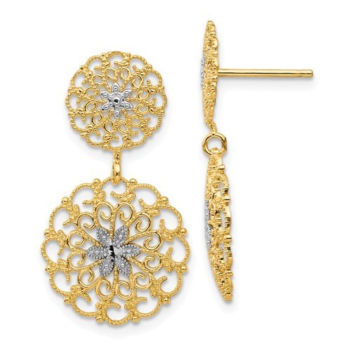 Rhodium-Plated 14k Yellow Gold Diamond-Cut Filigree Medallion Drop Post Earrings (27x14MM)
