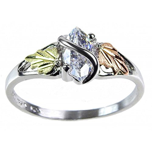 Marquise CZ with Leaf Slim-Profile Ring, Sterling Silver, 12k Green and Rose Gold Black Hills Gold Motif