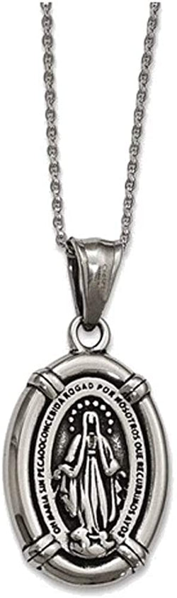 Stainless Steel Antiqued Spanish Miraculous Medal Necklace, 18"