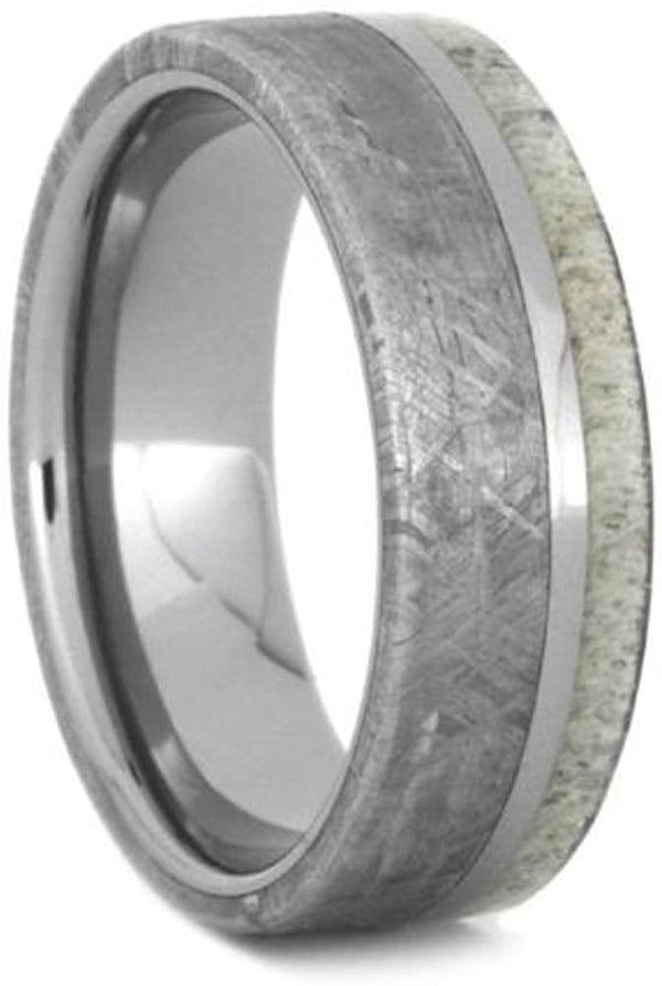 Gibeon Meteorite, Deer Antler 7mm Titanium Comfort-Fit Wedding Ring, Size 14