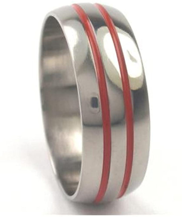 Red Grooved 8mm Comfort-Fit Titanium Wedding Band