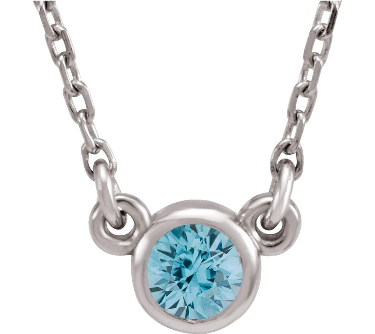 Blue Zircon Solitaire Rhodium Plate 14k White Gold Pendant Necklace, 16"