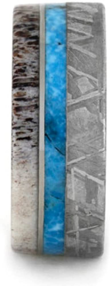 Turquoise, Gibeon Meteorite, Deer Antler 9.5mm Comfort-Fit Matte Titanium Band, Size 10