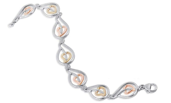 Blooming Hearts Bracelet, Rhodium Plated Sterling Silver, 1Ok Yellow and Rose Gold, 7.25"