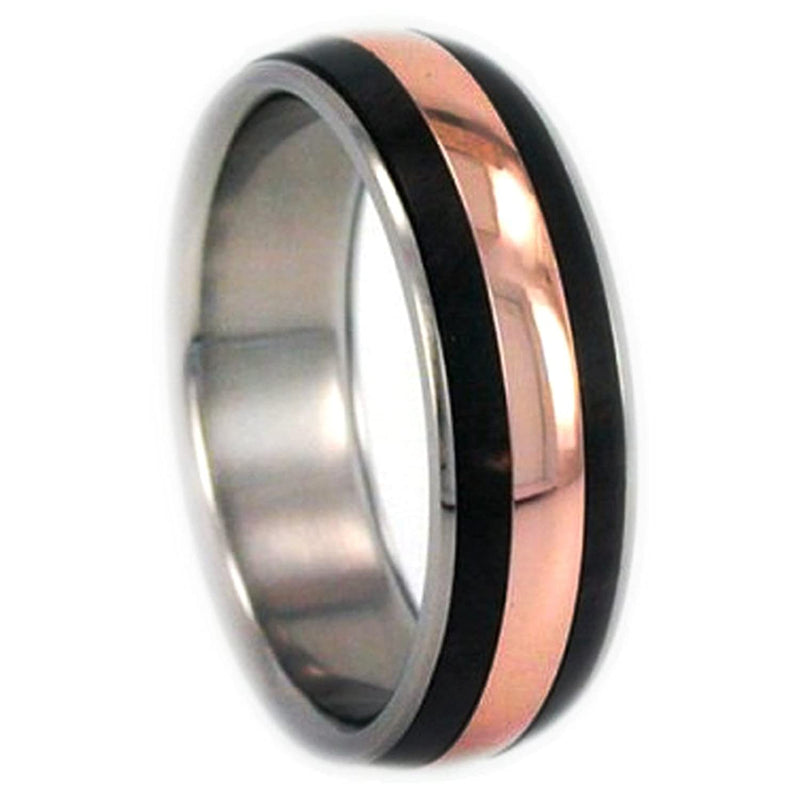 The Men's Jewelry Store (Unisex Jewelry) African Blackwood, 14k Rose Gold Pinstripe 8mm Comfort Fit Titanium Band