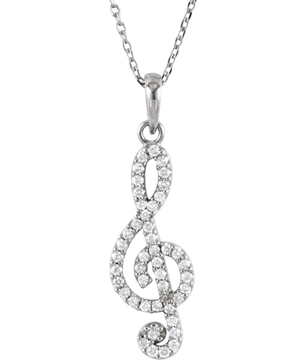 Petite Diamond Treble Clef Rhodium Plate 14k White Gold Pendant Necklace, 16" (.25 Cttw)