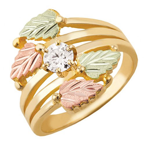 Ave 369 Bypass Leaves Ring with CZ, 10k Yellow Gold, 12k Green and Rose Gold Black Hills Gold Motif