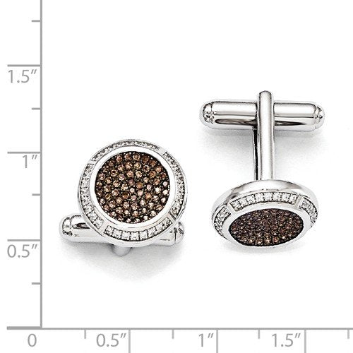 Rhodium-Plated Sterling Silver, Pave Brown Cubic Zirconia Brilliant Embers Coin Cuff Links, 16MM