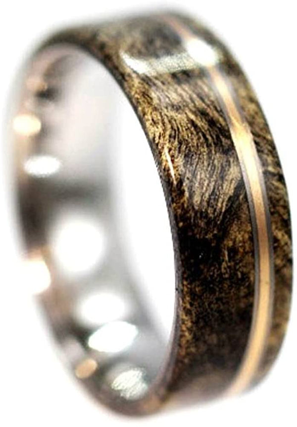 Buckeye Burl Wood, Bronze Pinstripes 7.5mm Comfort Fit Matte Titanium Wedding Band, Size 11.75