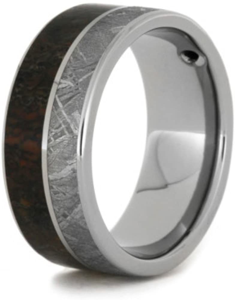 Bezel-Set Diamond, Dinosaur Bone, Gibeon Meteorite 8mm Comfort-Fit Titanium Band, Size 11.25