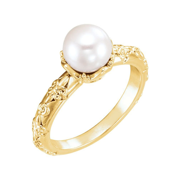 White Freshwater Cultured Pearl, Diamond Vintage Ring, 14k Yellow Gold (7-7.5 mm)(.02 Ctw, G-H Color, I1 Clarity)