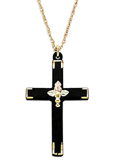 Men's Black Cross Pendant Necklace, 10k Yellow Gold, 12k Green and Rose Gold Black Hills Gold Motif, 18''