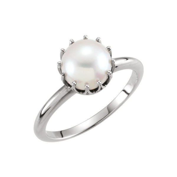 White Freshwater Cultured Pearl Crown Ring, Rhodium-Plated 14k White Gold (7.00-7.50mm)