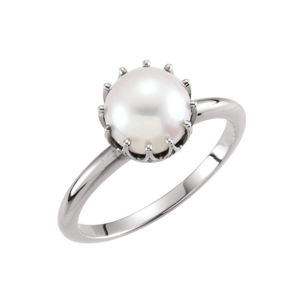 White Freshwater Cultured Pearl Crown Ring, Rhodium-Plated 14k White Gold (7.50-8mm) Size 7