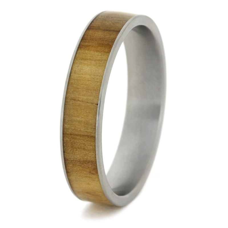 Rowan Wood Inlay 6mm Comfort-Fit Matte Titanium Good Luck Ring