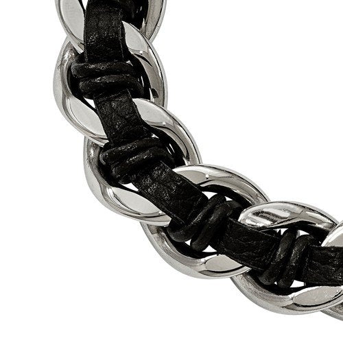 Men's Polished Stainless Steel Black Leather Antiqued Dragon Head Bracelet, 8.5"