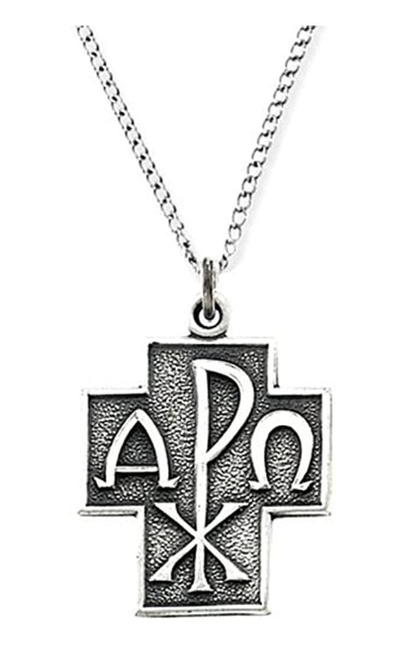 Sterling Silver Alpha Omega Chi-Rho Cross Necklace, 24"