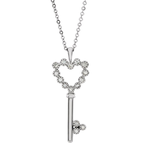 Diamond Heart Key 14k White Gold Necklace, 18" (HI Color, I1 Clarity, 1/10 Cttw)