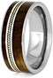 Whiskey Barrel Oak Wood, Cello String, 10k Yellow Gold 8mm Titanium Comfort-Fit Band, Size 4.25