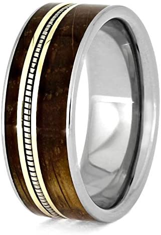 Whiskey Barrel Oak Wood, Cello String, 10k Yellow Gold 8mm Titanium Comfort-Fit Band, Size 14.5