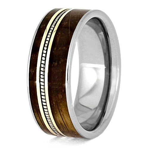 The Men's Jewelry Store (Unisex Jewelry) Whiskey Barrel Oak Wood, Cello String, 10k Yellow Gold 8mm Titanium Comfort-Fit Band, Size 10