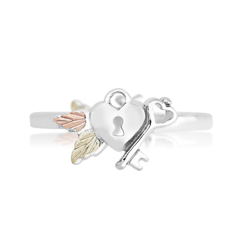 Slim-Profile Lock and Key Ring, Sterling Silver, 12k Green and Rose Gold Black Hills Gold Motif