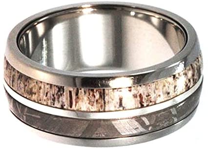 Deer Antler, Gibeon Meteorite, 14K White Gold 10mm Comfort-Fit Interchangeable Titanium Wedding Band, Size 12.5
