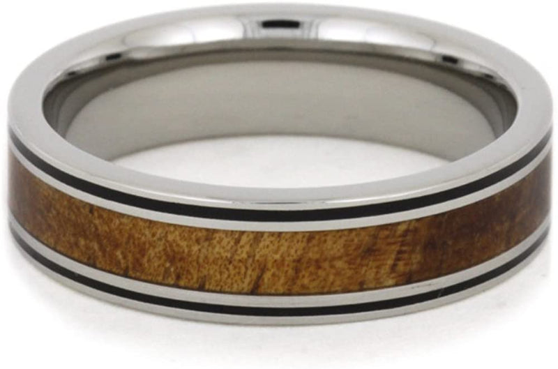 Koa Wood, Black Enamel Pinstripe 6mm Comfort-Fit Titanium Band