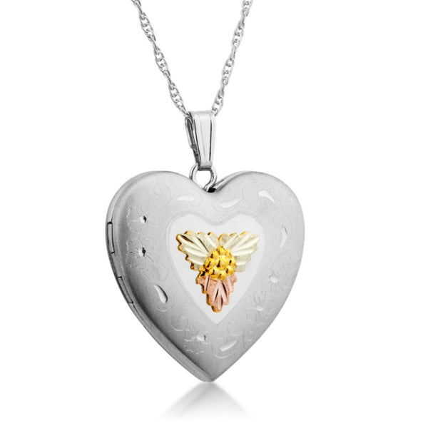 Heart Locket Necklace, Sterling Silver, 12k Green and Rose Gold Black Hills Gold Motif, 18"