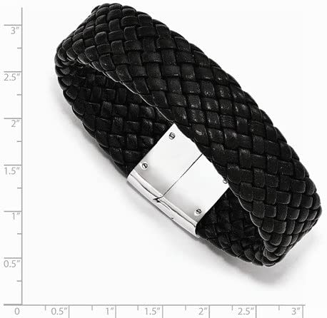 Men's Woven Black Leather Stainless Steel Magnetic- Clasp Bracelet, 8.5 Inches